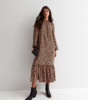 New Look Brown Ditsy Floral High Neck Long Sleeve Midi Smock Dress